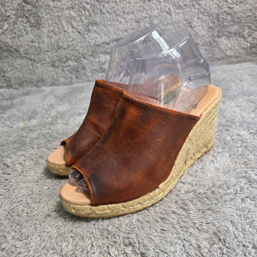 Gaimo Gossa Espadrille Wedge Mules Brown‎ Leather Peep Toe Womens 7.5 Excellent